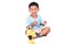 Cute child asian little boy play robot fighting toy