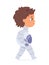 Cute child astronaut walking in space, cosmonaut wearing spacesuit and holding helmet