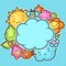 Cute child background with kawaii doodles. Spring collection of cheerful cartoon characters sun, cloud, flower, leaf