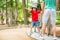 Cute child, boy, climbing in a rope playground structure