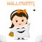 Cute child dressed in costume creepy ghost holding a pumpkin with candies, celebrating at a Halloween party, isolated on a white b
