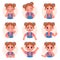 Cute child girl avatar facial emotions and feelings. Little kid face emoji with angry, sad, happy, shock and question