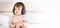 cute child girl preschool listening to music in headphones, sound for children, happy childhood concept, child on a
