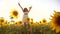 Cute child girl in yellow garden of sunflowers sunlight in summer. beautiful sunset lifestyle little girl in sunflowers