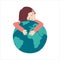 Cute Child hugs a globe. Flat Postcard for the Earth day. Childish vector Illustration with save the planet meaning. Perfect for