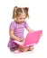 Cute child playing on laptop on white background