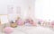 Cute child`s room interior with toys, modern furniture and play tent