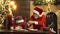 Cute child with Santa preparation Christmas cookies for family. Grandfather and grandson prepare New Year.