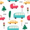 Cute child seamless pattern with cars, bus, traffic lights, road signs. Good for fabric, texitle, wrapping for kids. Vector