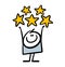 Cute child stickman waved his hands and holds the highest rating of five stars. Vector illustration of a satisfied