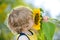 Cute child with sunflower on sunny-green backgroun