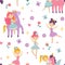 Cute childish ballerina, kids pattern. Sweet pink princess girl with magic unicorn, ballet fabric for nursery bedroom