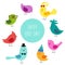 Cute childish Bird Day card with funny cartoon characters of birds