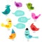 Cute childish Bird Day card with funny cartoon characters of birds