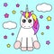 Cute childish cartoon character as magic rainbow hair unicorn