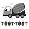 Cute childish concrete mixer truck with toot-toot lettering and abstract elements around. Textured hand drawn Scandinavian style
