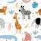 Cute childish doodle seamless pattern with wild African animals: zebra  elephant  monkey  tiger  crocodile  giraffe with abstract