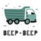 Cute childish dump truck with lettering and abstract elements around. Textured hand drawn Scandinavian style vector illustration