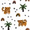 Cute childish hand drawn seamless pattern of tigers, palm trees, paws prints. Vector illustration on white background