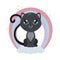 Cute childish illustration of a black cat on a cloud with a rainbow and stars. Flat picture of a kitten for postcards. Sweet