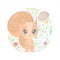 Cute childish illustration of a little lovely squirrel with nut baloon and plant decoration on white background. The baby animal.