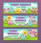 Cute childish illustration set. Horizontal banners with funny cartoon round animals.