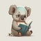 Cute childish koala reading a book sitting on a white background. Education concept. Generative AI