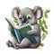 Cute childish koala reading a book sitting on a white background. Education concept. Generative AI