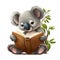Cute childish koala reading a book sitting on a white background. Education concept. Generative AI