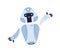 Cute childish metal robot toy gesturing hi. Happy funny kids bot with smiling face. Portrait of adorable humanoid cyborg