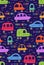 Cute childish pattern with hand drawn cars with tribal pattern and lettering on dark violet background. Vector texture