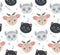 Cute childish pattern with portrait of animal and flowers on white background. Vector texture with lemur, cat and deer