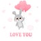 Cute childish rabbit holding heart ballons and fly, happy valentines card for kids, love you romantic illustration