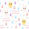 Cute childish seamless pattern with animal characters - bunny and chick, painted eggs around and baskets, easter holiday