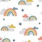 Cute childish seamless pattern with clouds  rainbows and stars isolated on white background. Hand drawn Scandinavian style 