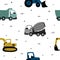 Cute childish seamless pattern with construction machines and abstract elements around. Hand drawn Scandinavian pattern vector