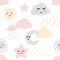 Cute childish seamless pattern in delicate pastel colors. Sleeping sun, cloud, moon and star. Ornament for wrapping