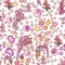 Cute childish seamless pattern with stars, flowers, clouds, moon. Handwork