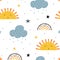 Cute childish seamless pattern with sun  clouds  rain  stars and rainbows. Hand drawn Scandinavian doodle style vector
