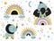 Cute childish set of isolated cute cartoon toddlers dinosaurs pterosaur and triceratops, abstract stylized rainbows, clouds, raind