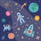 Cute childish space illustration with pet, astronaut and rocket in the universe. The astronaut walks with the dog. Dog in space.