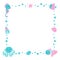 Cute childish square frame for text made of cartoon funny octopus, seahorse, fish, seashells, starfish and bubbles in a scandinavi