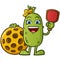 A cute childlike picke cartoon character holding a pickleball paddle and leaning on a huge pickleball