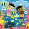 Cute children aqua divers swim underwater near coral reefs. Under water swim jellyfish, stingray and fish.