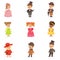 Cute children in elegant festive clothes. Kids in retro costumes cartoon colorful Illustrations