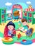 Cute children read books in bookstore or library. Vector color illustration. Picture for design of posters, games