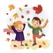 Cute children rejoicing at autumn leaf fall