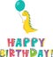 Cute children's illustration. Birthday inscription in the style of dinosaurs. Cute raptor holding a balloon.