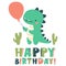 Cute children's illustration. Birthday inscription in the style of dinosaurs. Cute raptor holding a balloon.