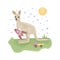 Cute children s illustration. A cheerful kangaroo sits on a green lawn with toys and a rocket in its paws, as well as with the